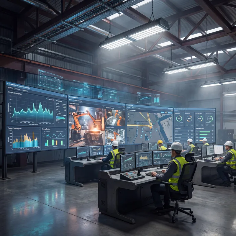 Centro de control — ingenieros monitoreando dashboards y sistemas industriales