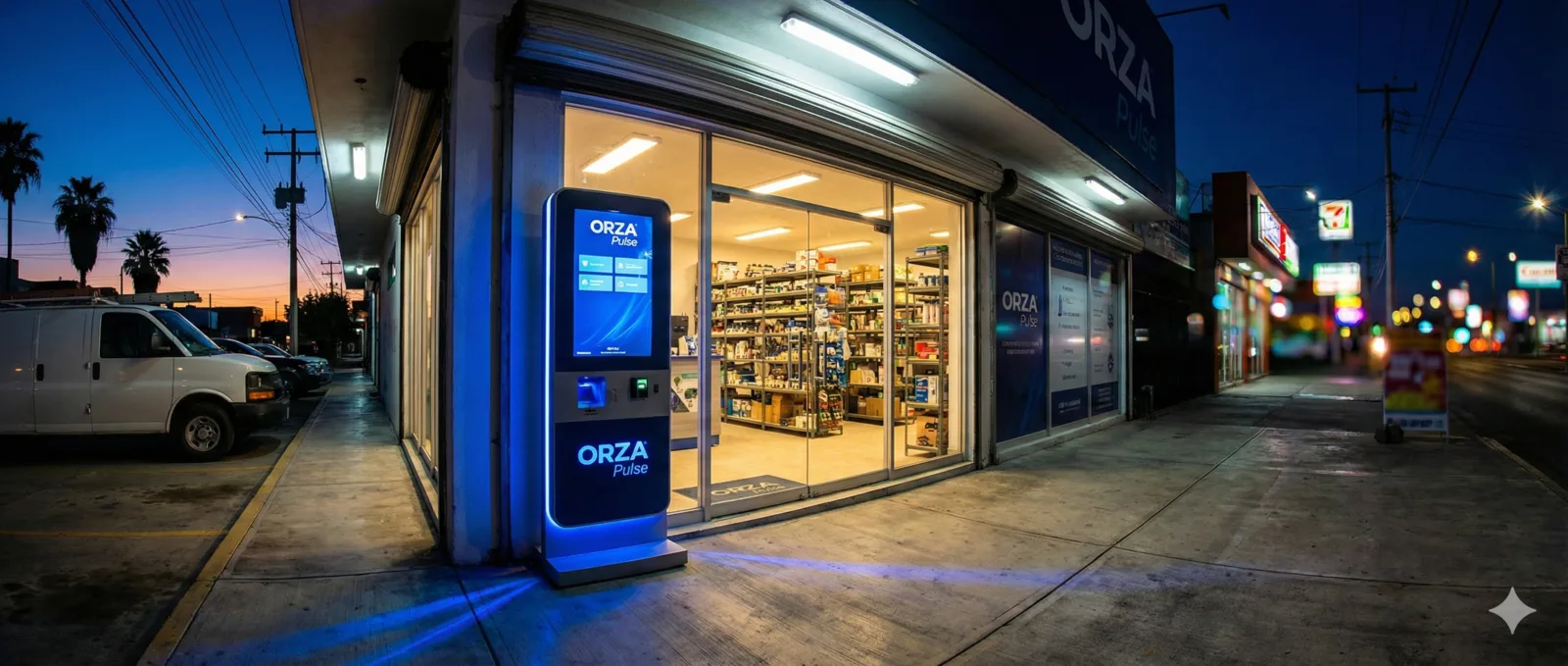 Panorámica nocturna de distribuidora eléctrica con kiosk ORZA Pulse brillando en azul