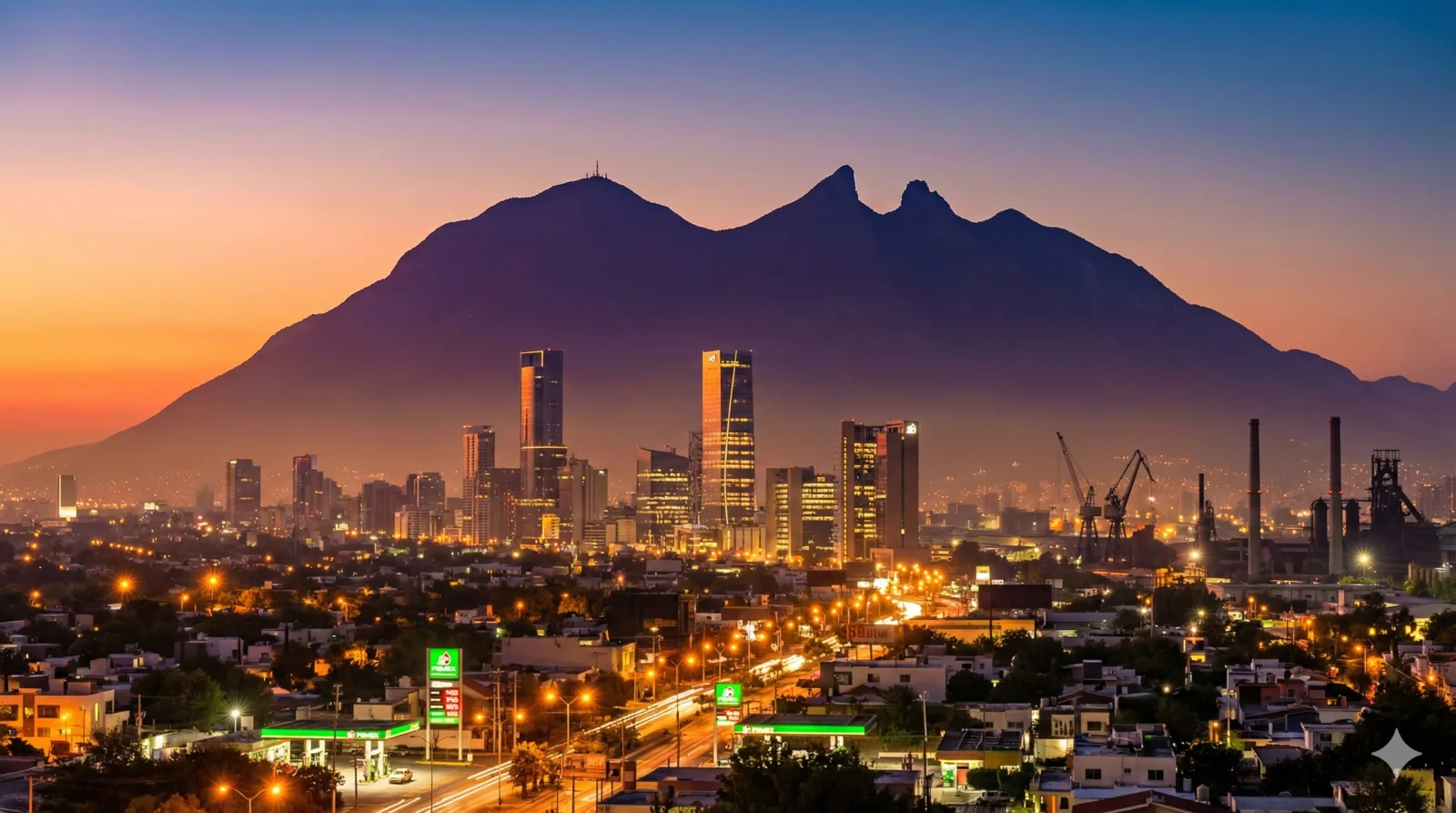 Skyline panorámico de Monterrey al atardecer con Cerro de la Silla