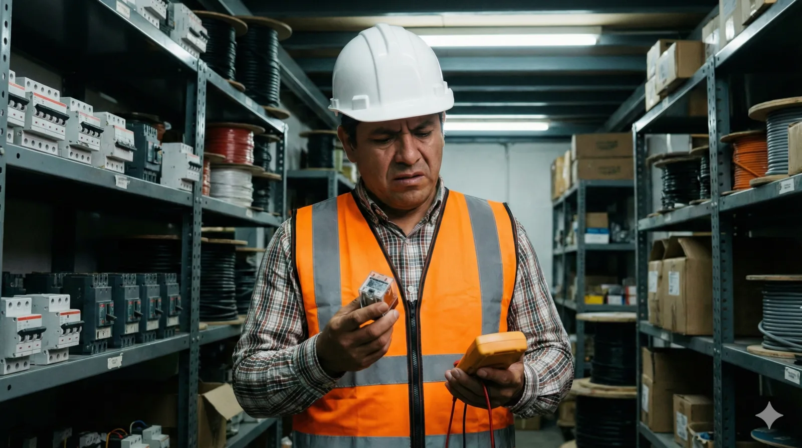 Ingeniero industrial revisando componente eléctrico con expresión de verificación en almacén