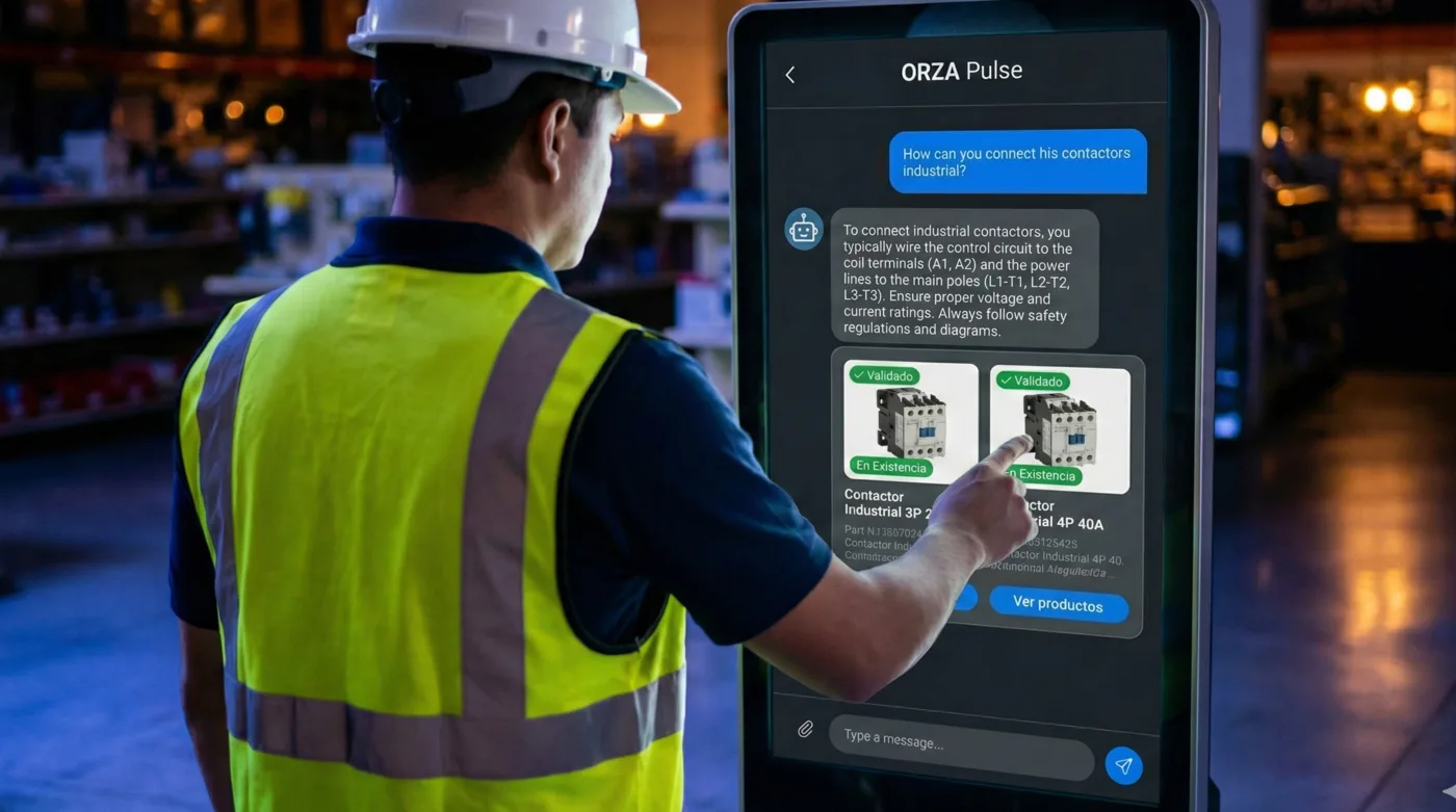Trabajador industrial interactuando con pantalla de kiosk ORZA Pulse