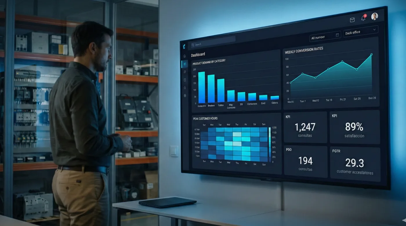 Dashboard BI en monitor de back-office de distribuidora con gráficas de demanda e insights de ORZA Pulse